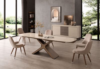 Dining Room Furniture Kitchen Tables and Chairs Sets 9368 Table Taupe with 1287 chairs and Prestige buffet